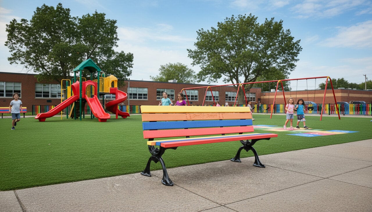 Colourful buddy bench at a school playground with children playing nearby, promoting friendship, inclusion, and social interaction in a safe outdoor environment